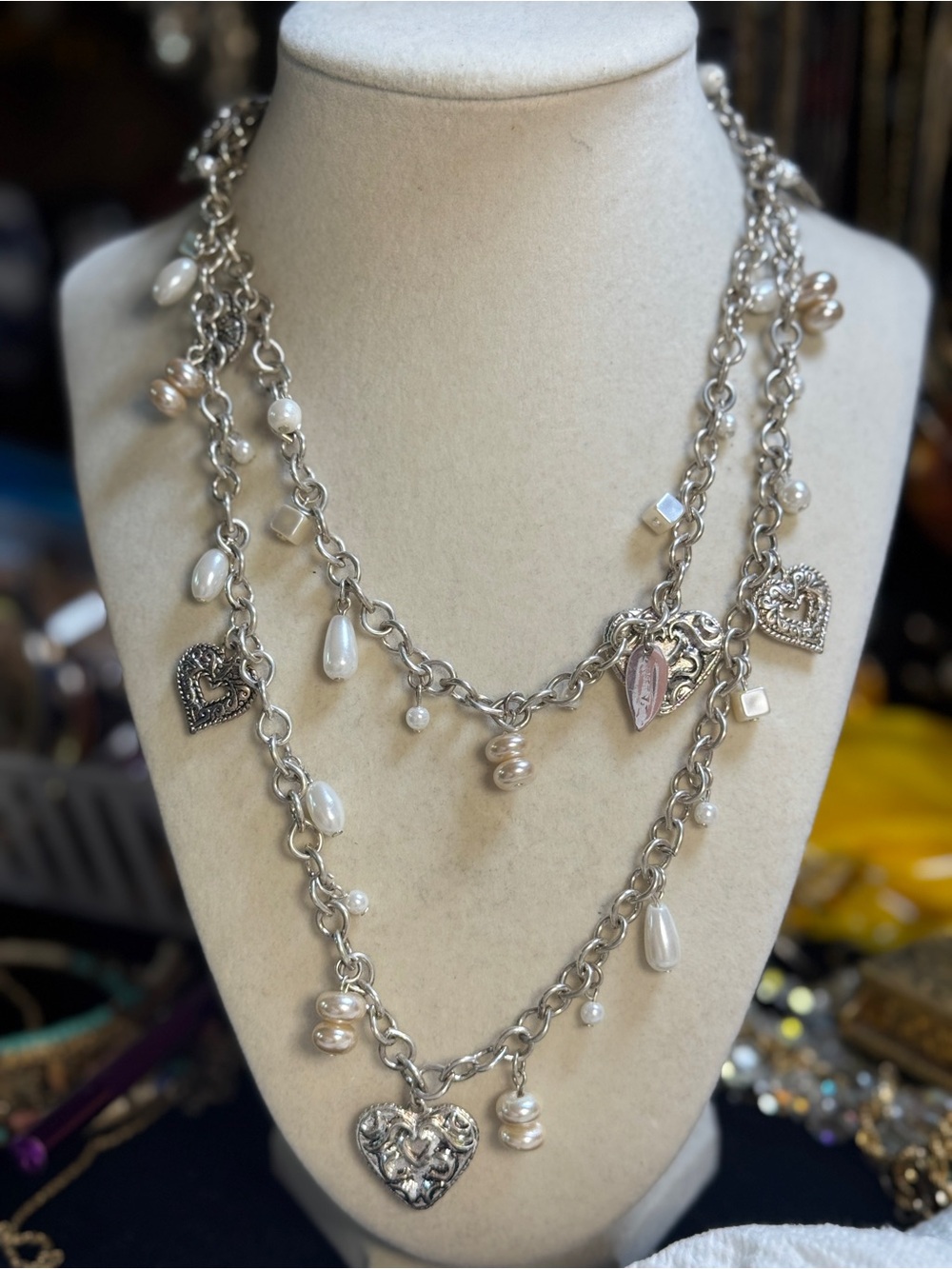 Coldwater Creek Silver-Tone Layered Heart & Pearl Charm Necklace